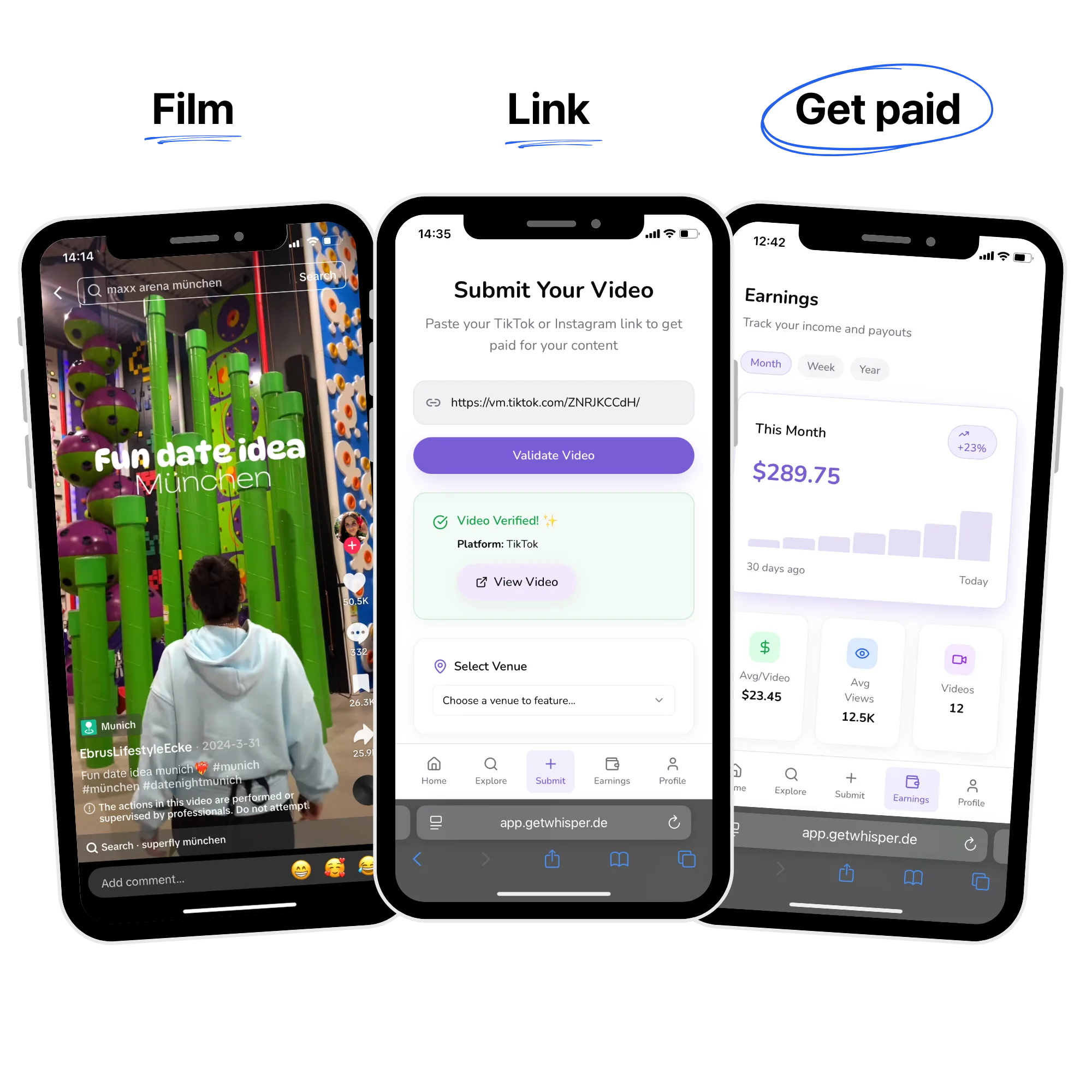 Whisper creator flow showing filming, submission, and payouts